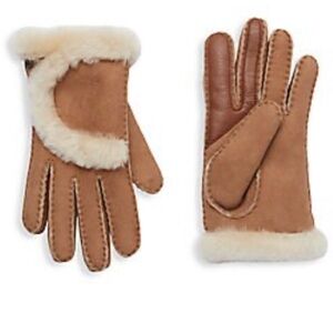 UGG Genuine Leather & Suede Exposed Seam Chestnut Shearling Lined Gloves Medium